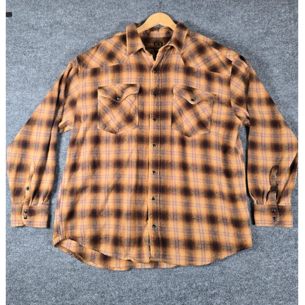 Noble Outfitters Mens Plaid Snap Front Long Sleeve‎ Shirt XXL Reg Brown Orange